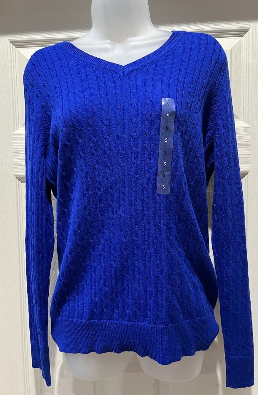 Kim Roger’s Womens S Cable Knit Sweater Blue Soft Cotton Cottage Core Preppy New